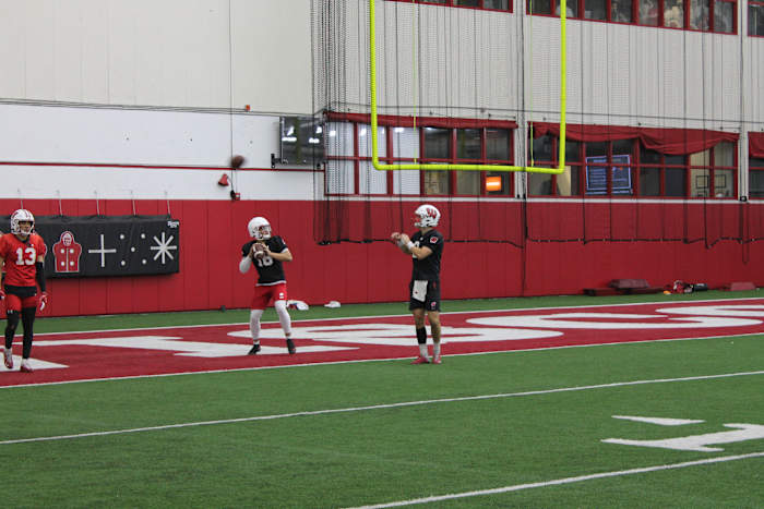 True freshman quarterback Myles Burkett throwing in practice.